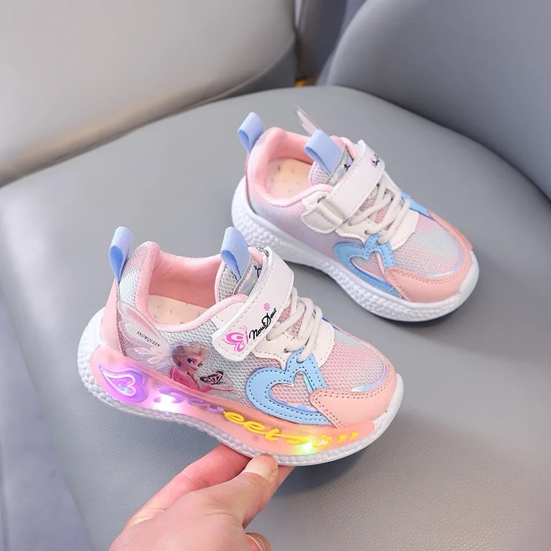 Kids Girls Shoes Led Lights 2024 New Children Sneakers Girls Elsa Frozen Princess Casual Sport Shoes Baby Anti-slip Shoes