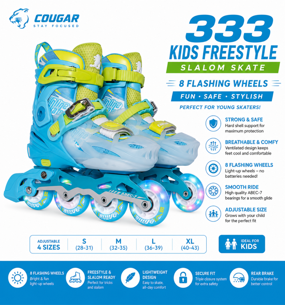 Cougar 333 Kids Freestyle Slalom Skate-8 Flashing Wheels—Blue