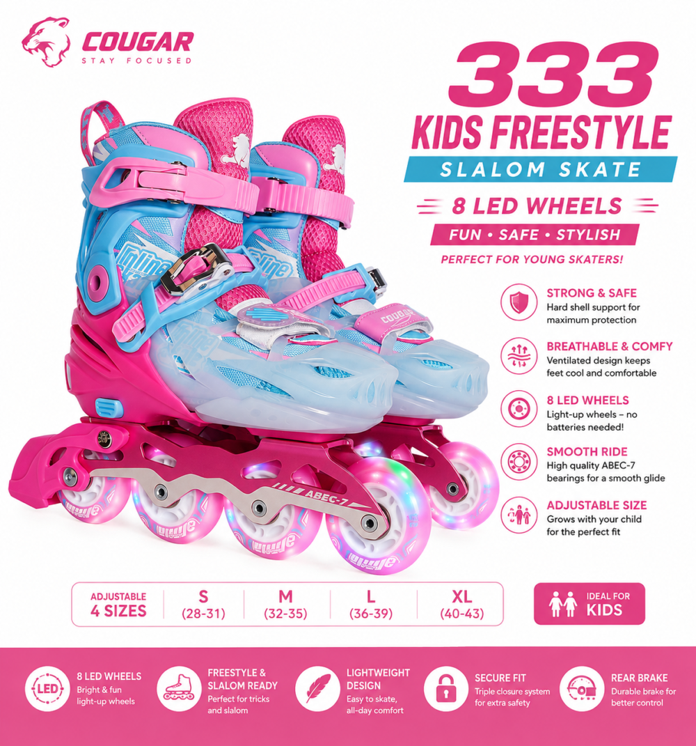 Cougar 333 Kids Freestyle Slalom Skate-8 Flashing Wheels- Pink